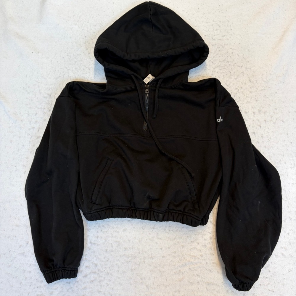 Alo Yoga Quarter Zip Hoodie Womens Small Black Cropped Long Sleeve Fleece